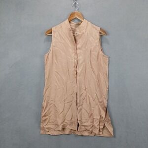 Bogari Long Shirt Womens Medium Brown Silk Mandarin Collar Sleeveless Button Up